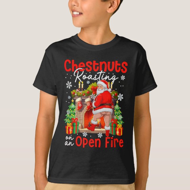 Chestnuts Roasting On An Open Fire Funny Santa  T-Shirt (Front)