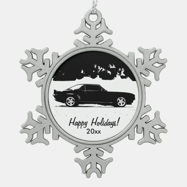Chevrolet Camaro Rolling Shot Snowflake Pewter Christmas Ornament (Front)