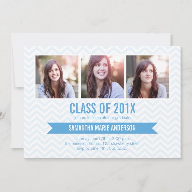 Chevron 3 Photo Graduation Invitation - Blue (Front)