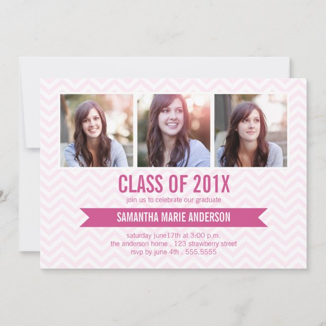 Chevron 3 Photo Graduation Invitation - Pink (Front)