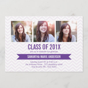 Chevron 3 Photo Graduation Invitation - Purple