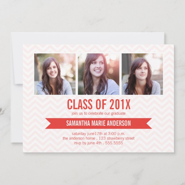 Chevron 3 Photo Graduation Invitation - Red (Front)