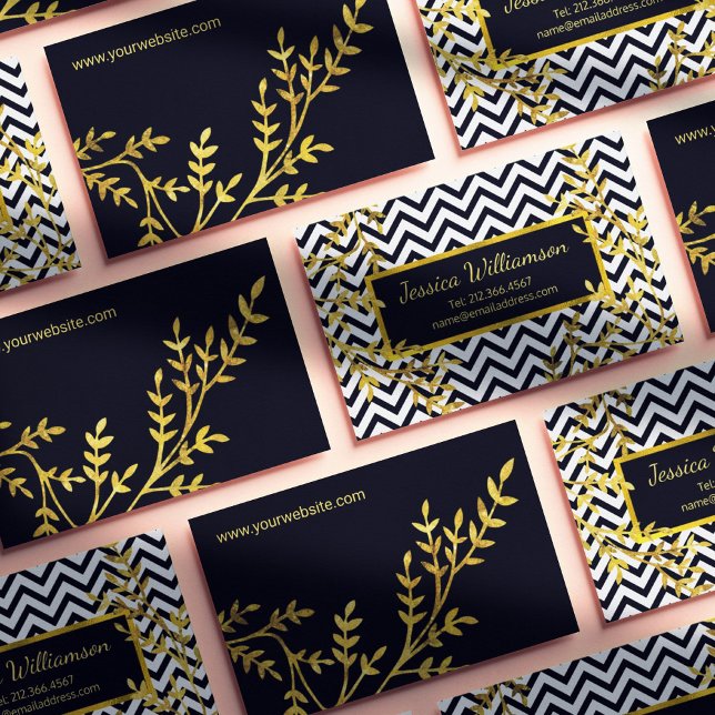 Chevron and Faux Gold Leaves Modern Chic Business Card (Creator Uploaded)