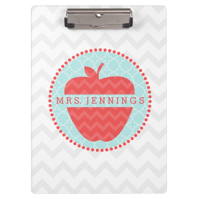 Chevron Apple Quatrefoil Teacher Clipboard (Front)