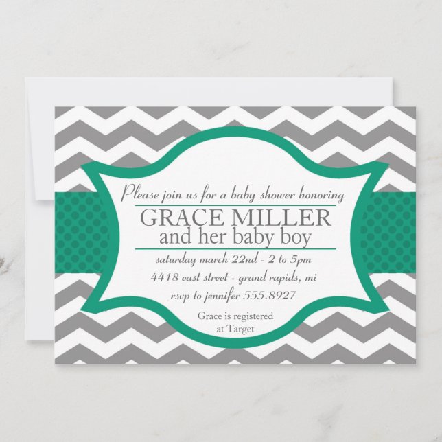 Chevron Baby Shower invite. Grey and Jade Invitation (Front)