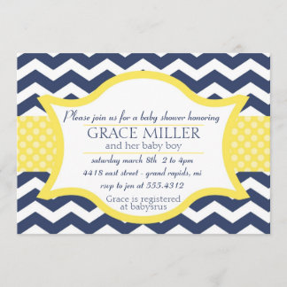 Chevron Baby shower invite. Navy blue and yellow Invitation