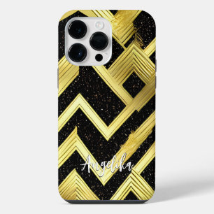 Chevron Black and Gold Personalised Name iPhone 14 Pro Max Case