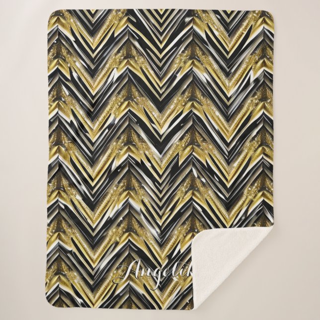 Chevron Black and Gold Personalised Name Sherpa Blanket (Front)