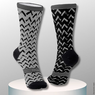 Chevron Black and Grey Name on Mismatch Socks