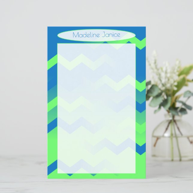 Chevron Blue & Green Stationery for Handwriting (Standing Front)