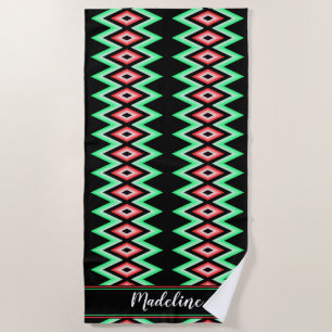 Chevron Calligraphy Name Red Green Tropical  Beach Towel
