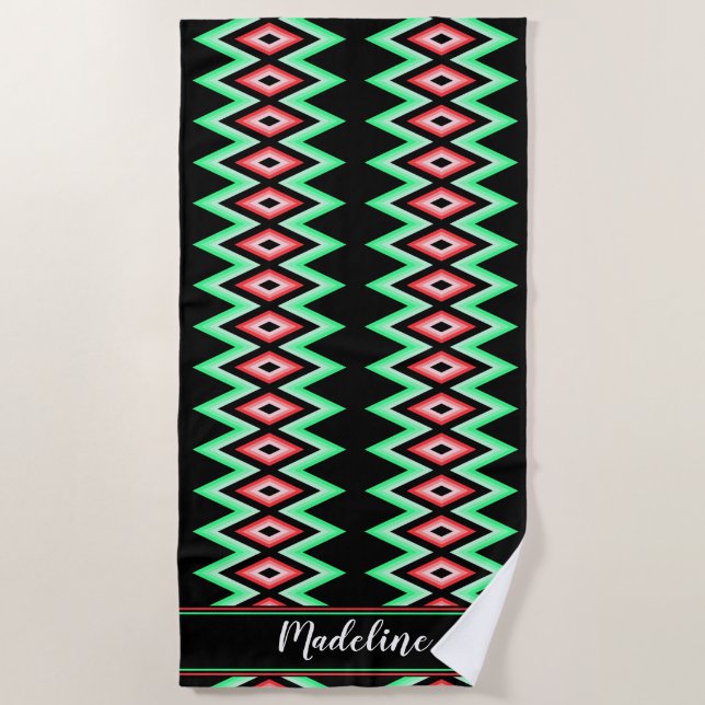 Chevron Calligraphy Name Red Green Tropical  Beach Towel (Front)