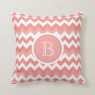 Chevron Coral White Monogram Pillow