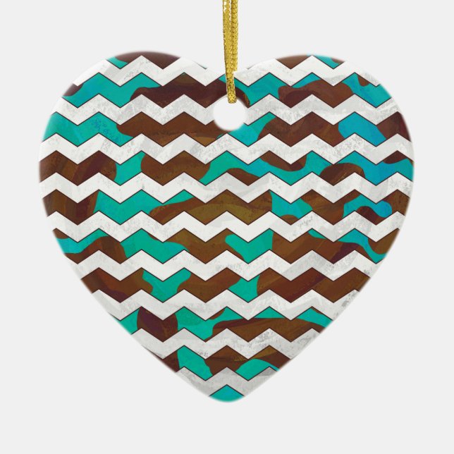Chevron Cow Brown and Teal Print Ceramic Tree Decoration (Front)