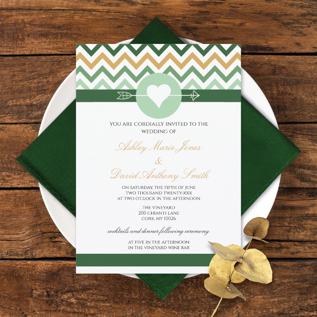Chevron Emerald Green Gold Wedding Invitation (Creator Uploaded)