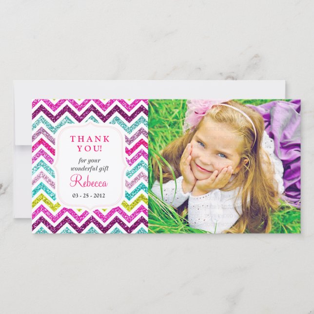 Chevron Faux Glitter Rainbow Thank you Card (Front)