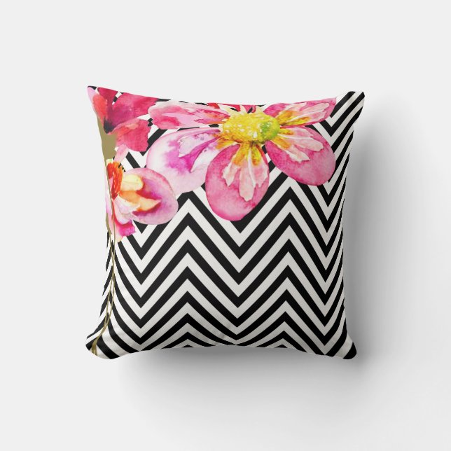 Chevron Floral Watercolor Flowers | black & white Cushion (Front)