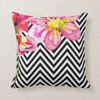 Chevron Floral Watercolor Flowers | black & white Cushion