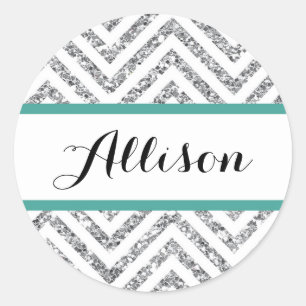 Chevron Glitter Circle Sticker Name Label Teal