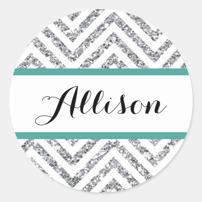 Chevron Glitter Circle Sticker Name Label Teal (Front)