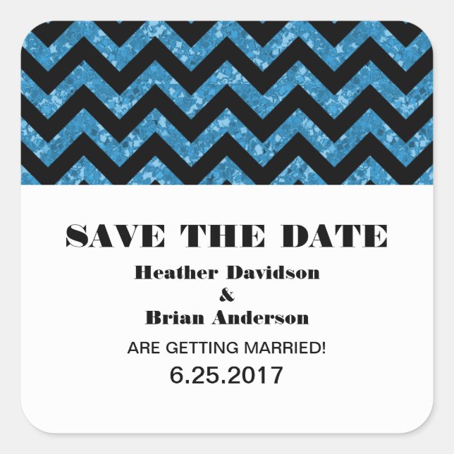 Chevron Glitter Save the Date Stickers, Blue Square Sticker (Front)