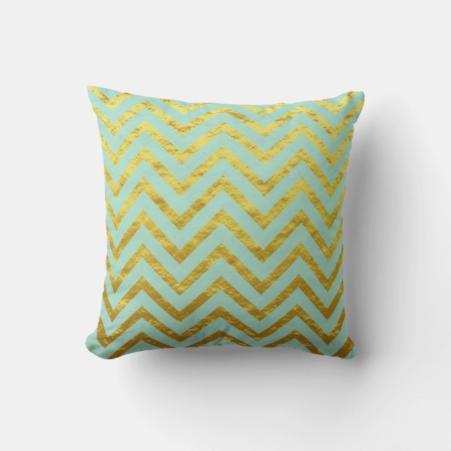 Chevron Gold Foil Teal Blue Patterns Glittery Cool Cushion (Front)