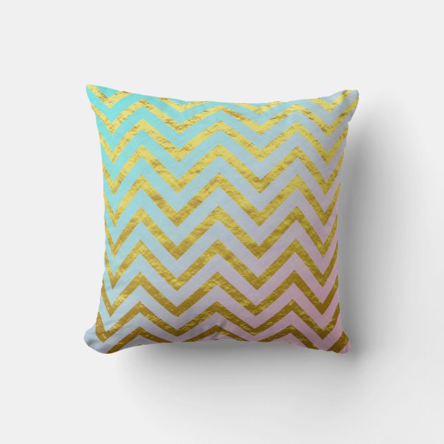 Chevron Gold Foil Teal Blue Pink Ombre Girly Chic Cushion (Front)