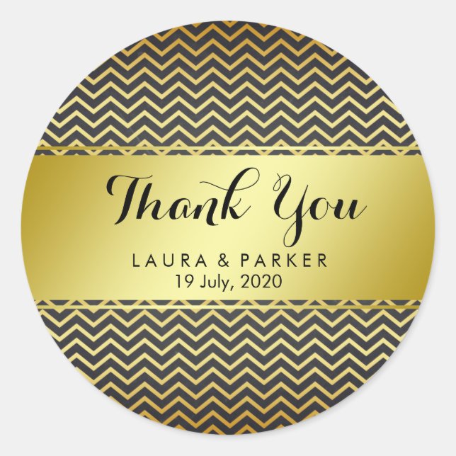 Chevron Gold Glitter Thank You Wedding Black Classic Round Sticker (Front)