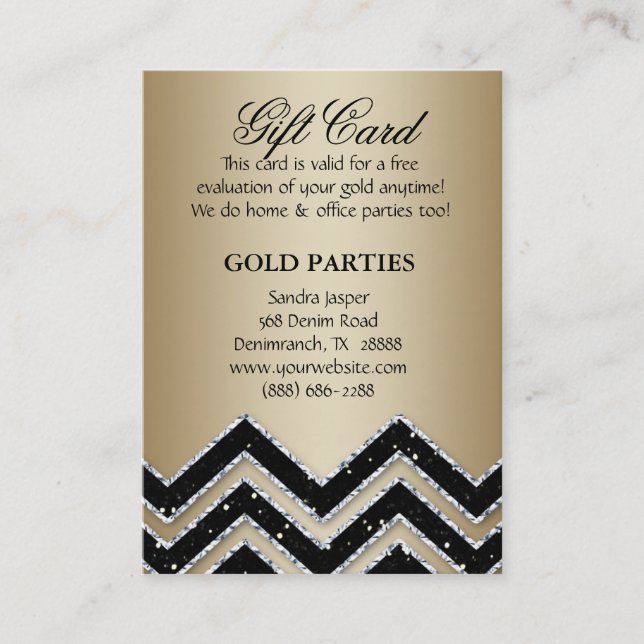 Chevron Gold Party Gift Card Black Glitter (Front)