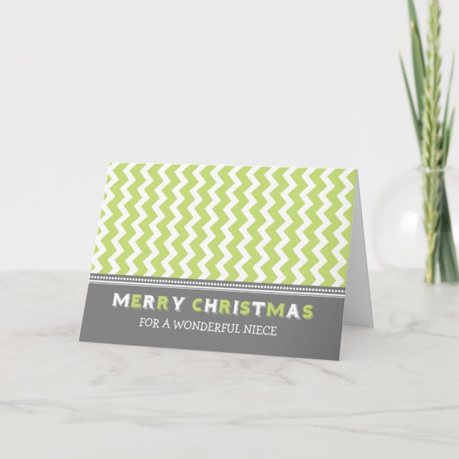 Chevron Green Grey Niece Merry Christmas Card (Front)