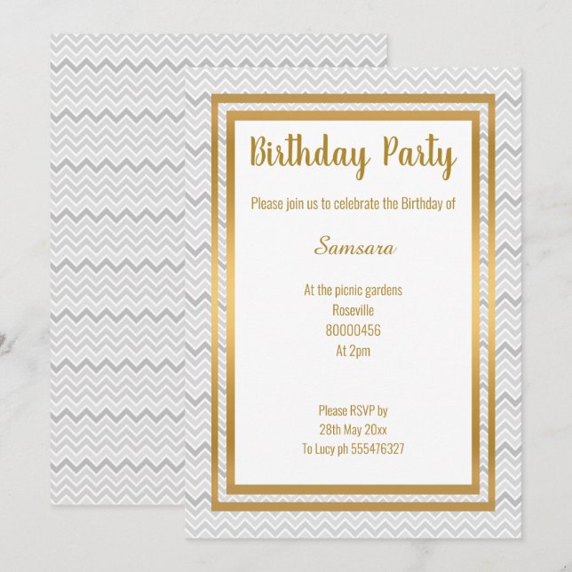 CHEVRON GREY LAYER GOLD ALL OCCASION BIRTHDAY  INVITATION (Front/Back)