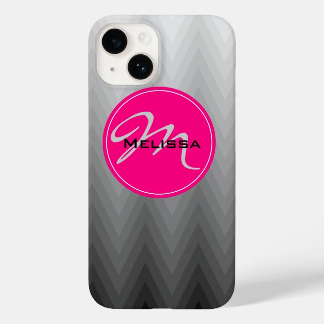 Chevron Grey ombre pattern Pink Monogram Name Case-Mate iPhone Case (Back)