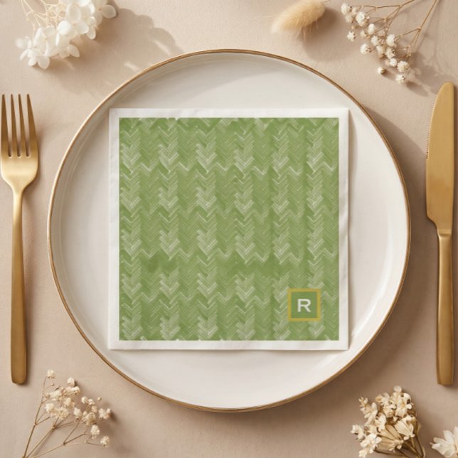 Chevron Herringbone Pattern Forest Green Initial Napkin (Creator Uploaded)