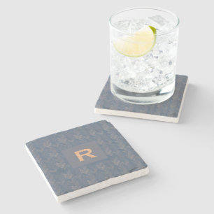 Chevron Herringbone Pattern Retro Blue Initial Stone Coaster
