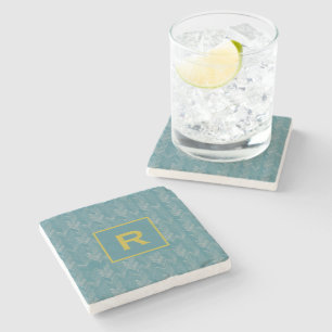 Chevron Herringbone Pattern Turquoise Initial Stone Coaster