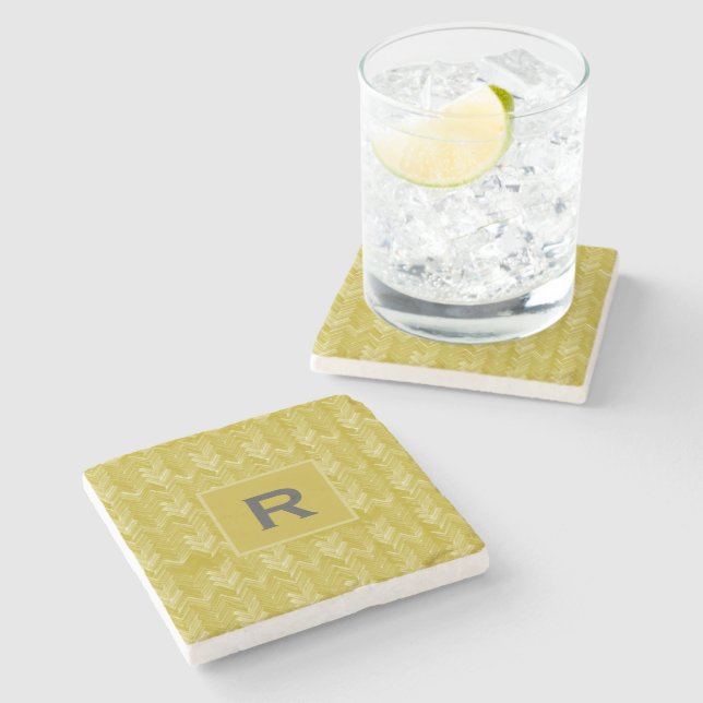 Chevron Herringbone Pattern Vintage Gold Initial Stone Coaster (Side)