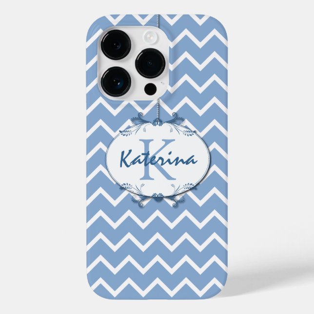 Chevron in Polo Blue and White with Floral Frame Case-Mate iPhone Case (Back)