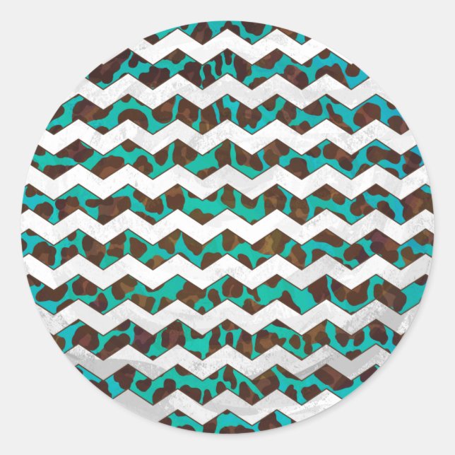 Chevron Leopard Brown and Teal Print Classic Round Sticker (Front)