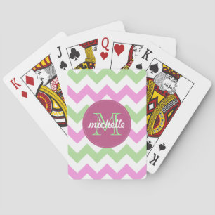 Chevron Light Pink Green Monogram Circle Stitches Playing Cards