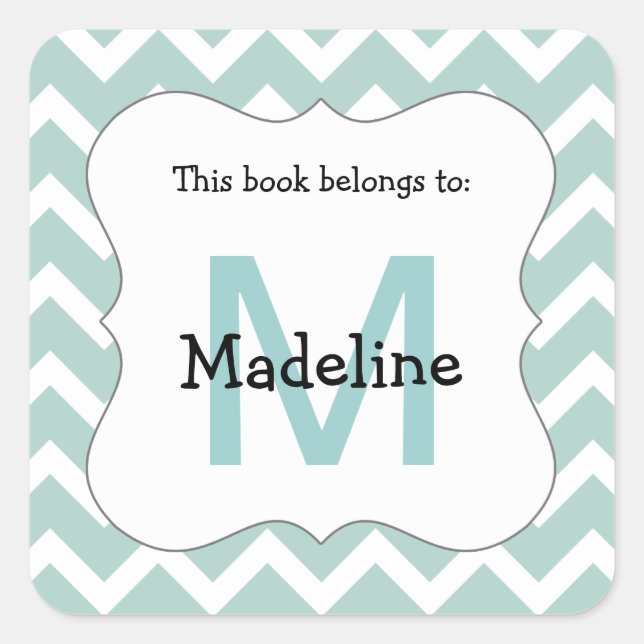 Chevron Monogram Book plate Sticker aqua (Front)