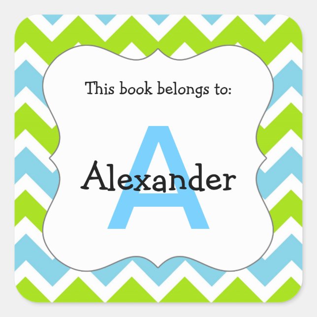 Chevron Monogram Bookplate Sticker blue green (Front)