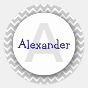 Chevron Monogram Bookplate Sticker grey navy