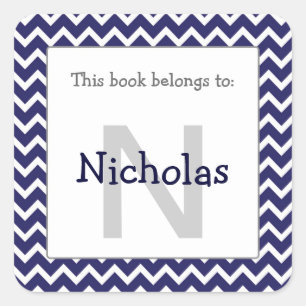 Chevron Monogram Bookplate Sticker navy blue