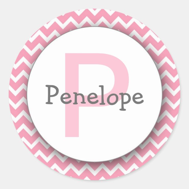 Chevron Monogram Bookplate Sticker pink white (Front)