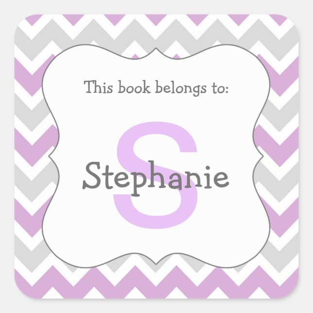 Chevron Monogram Bookplate Sticker purple grey (Front)