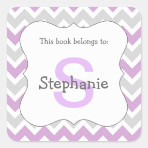 Chevron Monogram Bookplate Sticker purple grey
