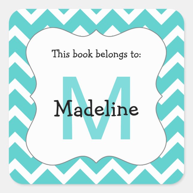 Chevron Monogram Bookplate Sticker teal (Front)