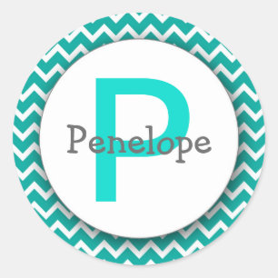 Chevron Monogram Bookplate Sticker turquoise blue