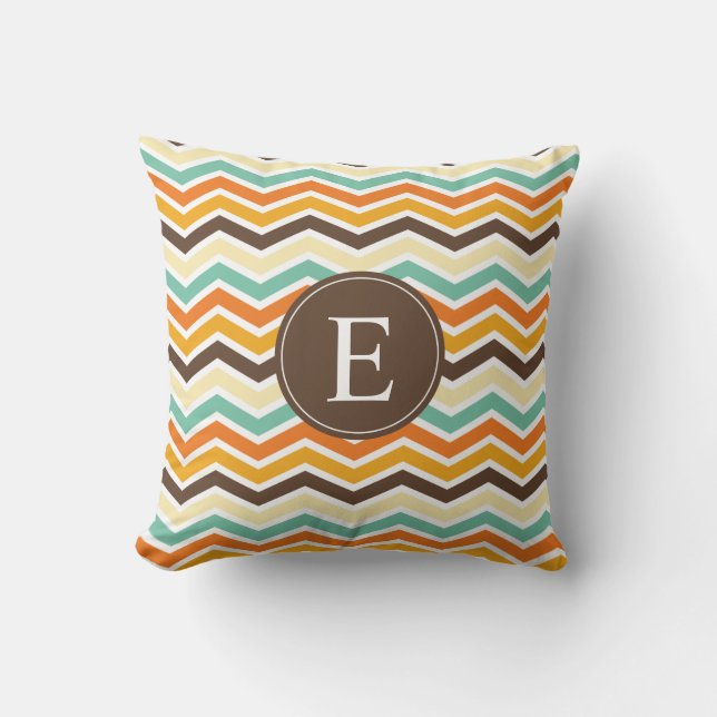Chevron Monogram Brown Orange Turquoise Cushion (Front)