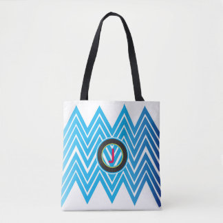 Chevron Monogrammed Ice Blue Tote Bag